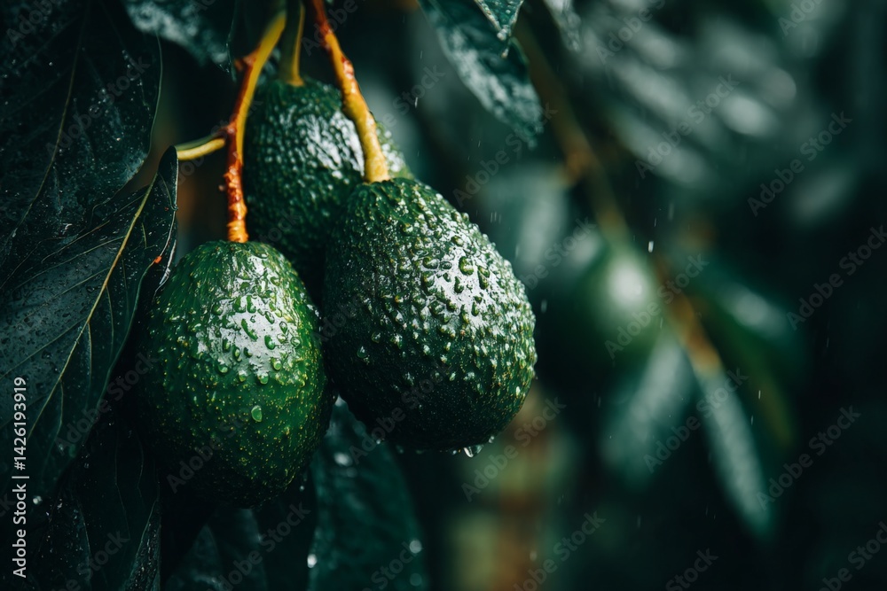 Aufkleber fresh avocados hanging on a tree branch after rain in a lush orchard