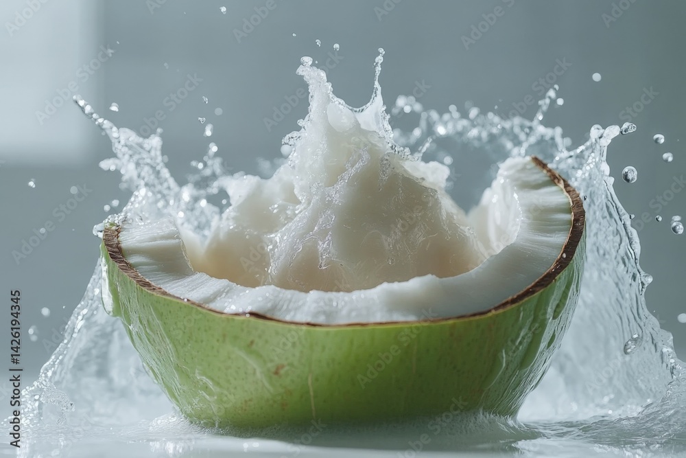 Poster fresh coconut split open with water splashing in a bright kitchen setting during daytime