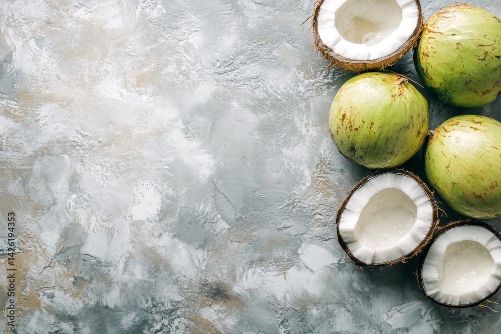 Poster Fresh coconuts on a textured surface ready for preparation and enjoyment in a kitchen setting