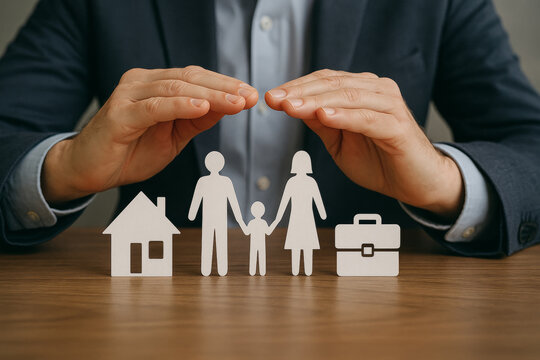 Family care concept with hands protecting paper cutouts of family house and briefcase symbolizing security and support - Powered by Adobe