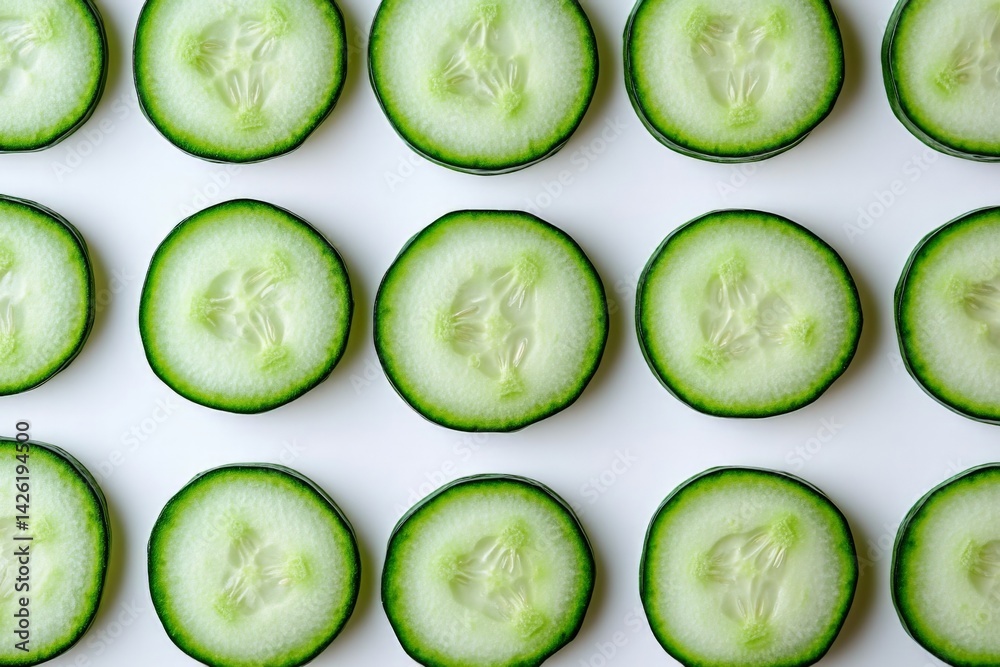 Poster fresh cucumber slices arranged neatly on a white background for a healthy culinary presentation