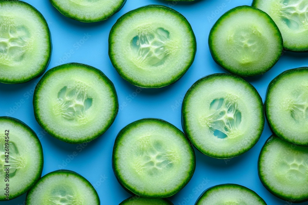 Poster Cucumber slices arranged neatly on a bright blue background creating a fresh and vibrant composition