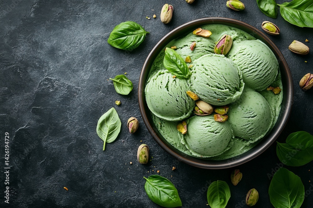 Aufkleber fresh basil and pistachio ice cream served in a brown bowl on a dark background with green basil lea