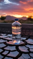 Water bottle reflecting sunset on cracked earth in arid landscape