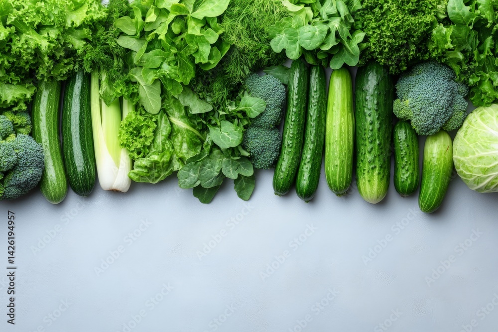 Poster fresh assortment of green vegetables displayed on a textured surface during daylight