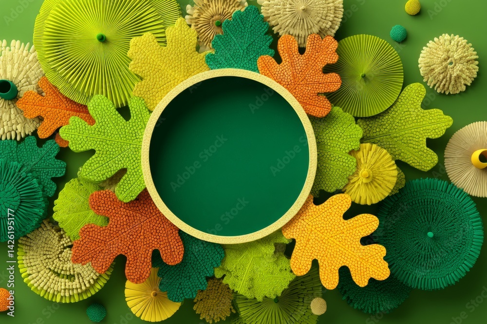 Poster Colorful textured leaves and abstract shapes create a vibrant background for design creativity and artistic expression in a modern setting
