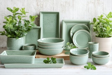 Fototapeta premium Table setting with green ceramic dishes and fresh herbs on wooden surface for a cozy dining experience