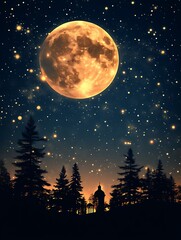 Fototapeta premium Full Moon Shining Above Forest Silhouette at Night with Starry Sky