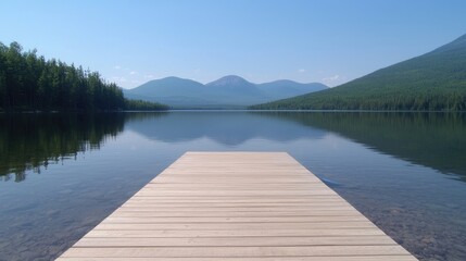 Obraz premium Calm lake, wooden dock, mountains