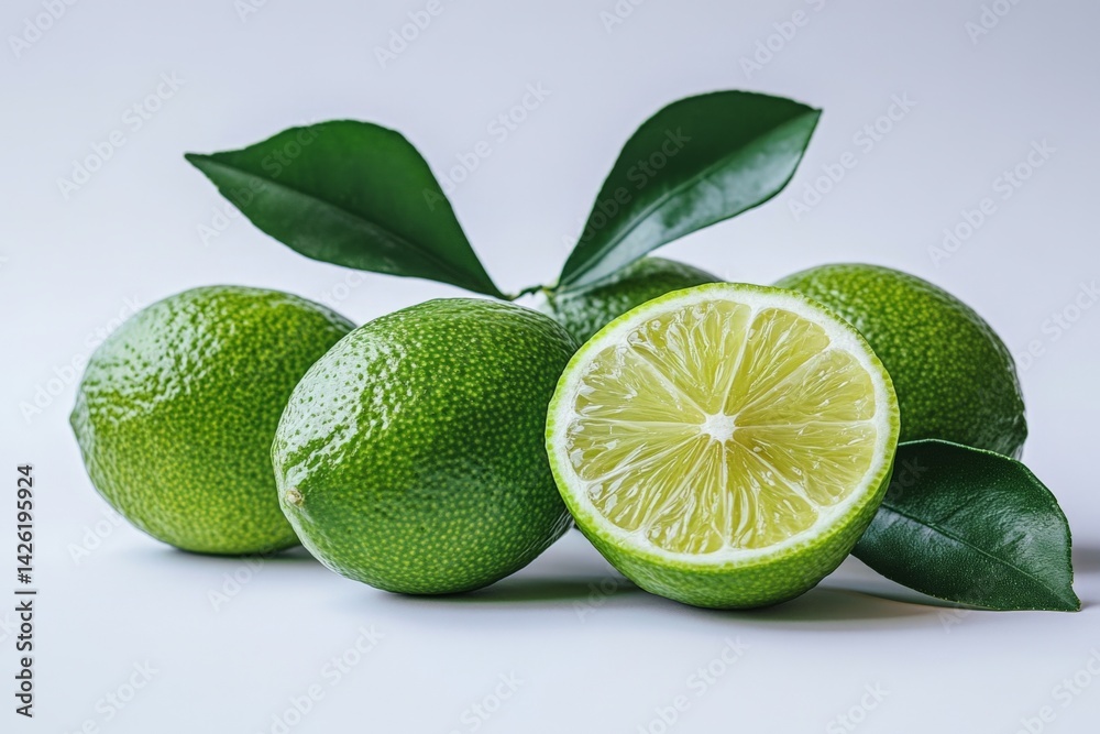 Poster fresh green limes resting on a light background with a halved lime showcasing its juicy interior and