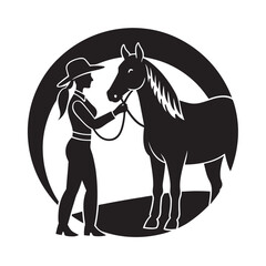 Cowgirl brushing horse at golden sunset