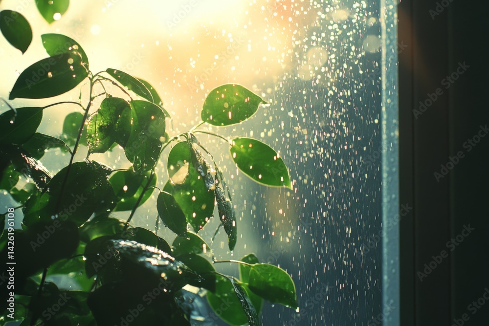 Poster sunlight filtering through rain-soaked leaves creating a serene indoor atmosphere in the early morni