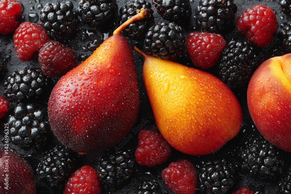 Poster fresh pears and mixed berries arranged on a black background showcasing vibrant colors and textures