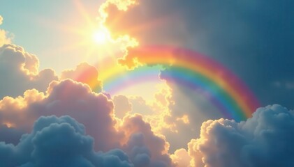 Sunlit, multicolored rainbow against fluffy clouds, summer, landscape