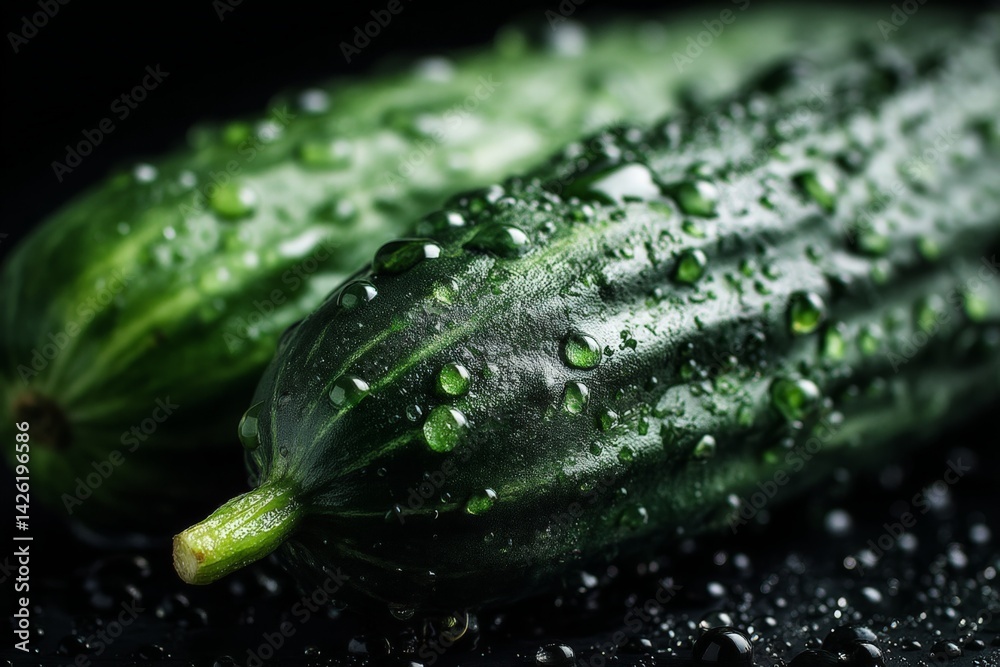 Poster Fresh cucumbers with water droplets shining under soft light in a dark setting showcasing their vibrant green color