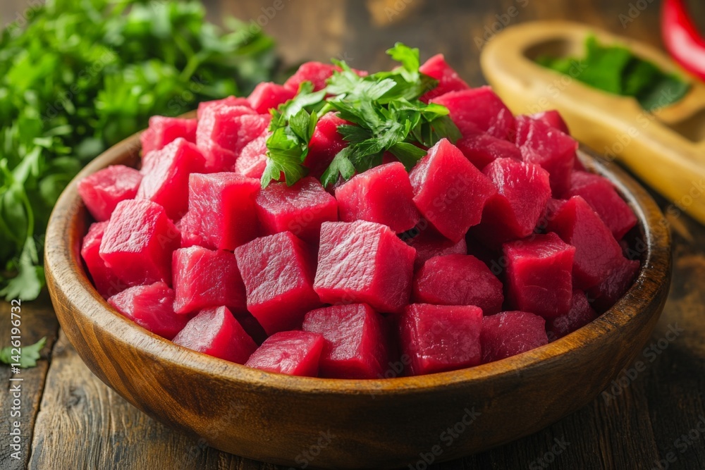 Poster freshly cubed watermelon served in a wooden bowl with herbs on a rustic table