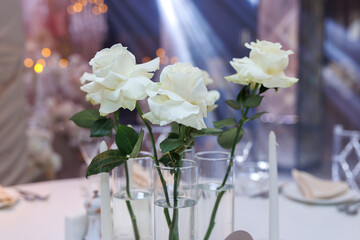 Wedding table decor. Appliances, fresh flowers, candles in glass vases in close-up.