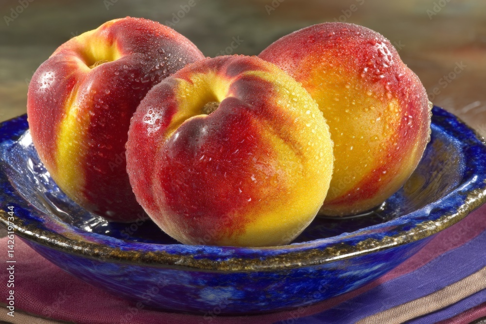 Poster fresh peaches glisten with dew on a vibrant blue bowl, creating a colorful display of summer fruits 