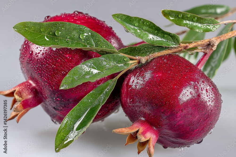 Poster Pomegranates freshly picked with water droplets on leaves enhancing their vibrant color and texture in a studio setting