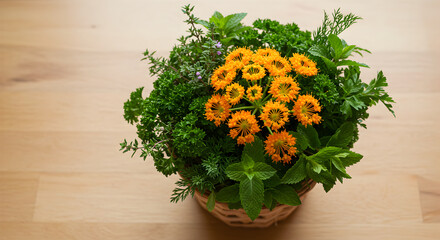 Assortment Of Aromatic Herbs And Bright Flowers In A Wicker Basket