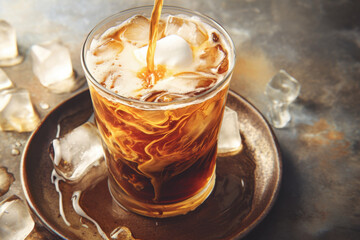 A glass of iced coffee with ice and a spoon.