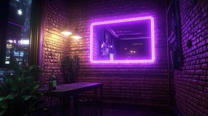 Obraz premium A glowing purple neon frame set against a vintage brick wall, blending modern lighting with urban design for a stylish, artistic look.