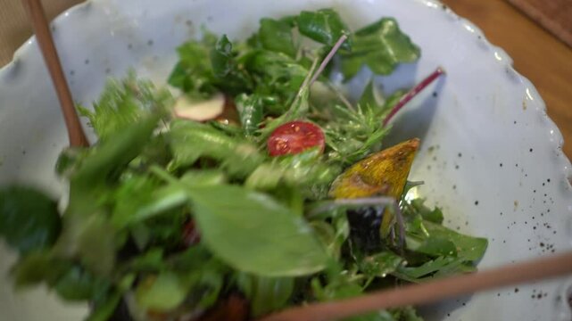 padels mixing green salad with pumpkins tomatoes beets and scallop fresh healthy food 4k