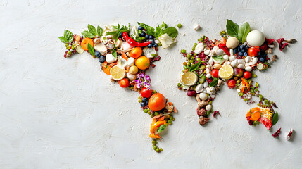 Fresh fruits and vegetables arranged in shape of world map, showcasing vibrant colors and healthy food options
