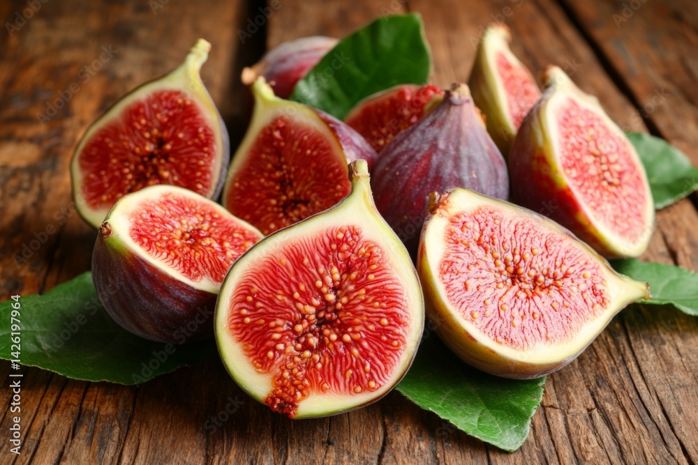 Aufkleber fresh figs arranged on rustic wooden table with green leaves in a natural setting during daylight ho