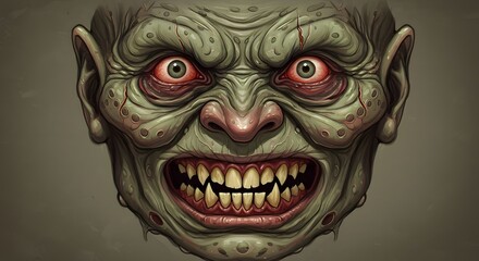 Obraz premium Creepy Zombie Monster Face with Sharp Teeth and Red Eyes Illustration
