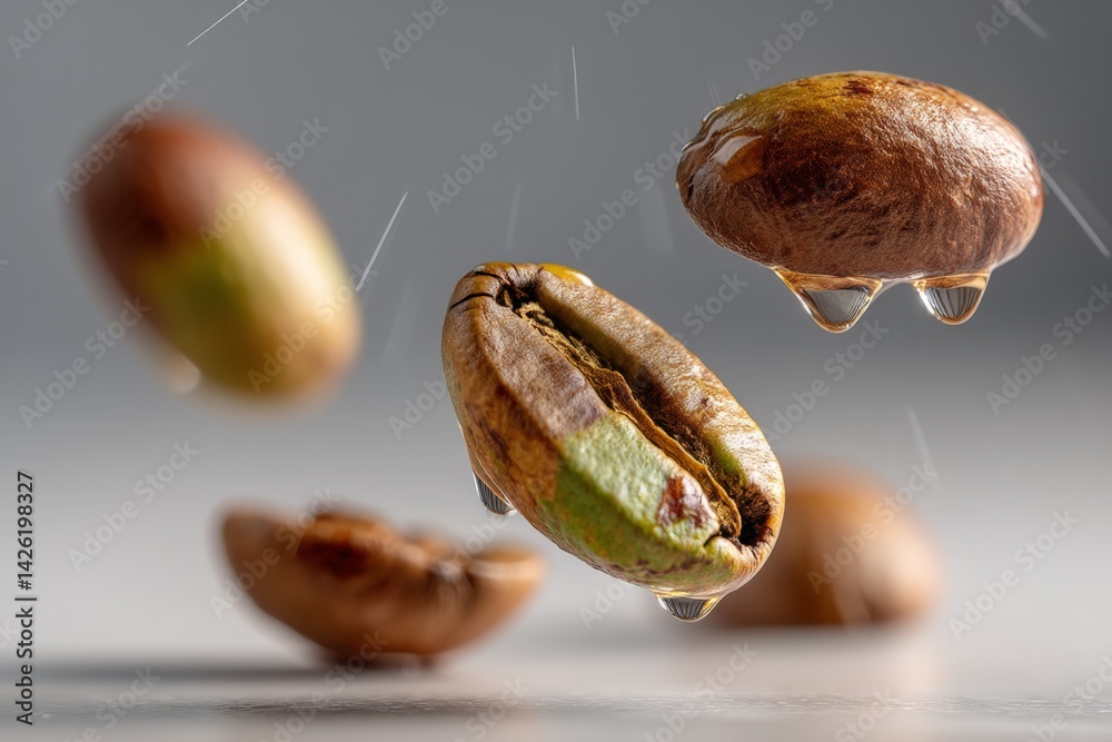 Poster Coffee beans suspended in the air with droplets of water reflecting light, creating a dynamic visual in a minimalist setting