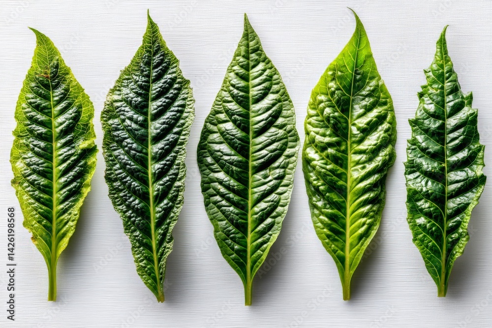 Poster fresh green leaves arranged in a line showcasing their unique textures and shapes in a bright light