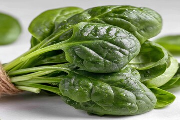 Fototapeta premium Freshly harvested spinach bunch displayed on a light surface with water droplets glistening in natural light