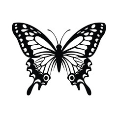 Elegant Black Butterfly Silhouette with Intricate Wing Design on White Background
