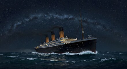 Fototapeta premium Titanic Sailing at Night Under the Stars, Ocean Voyage Illustration