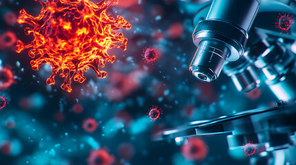 Microscopic analysis of coronavirus particles laboratory setting scientific visualization high-tech environment close-up perspective