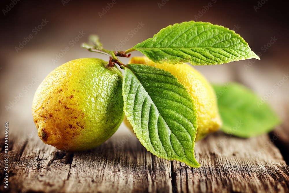 Poster fresh lemons and green leaves resting on a rustic wooden surface in soft light