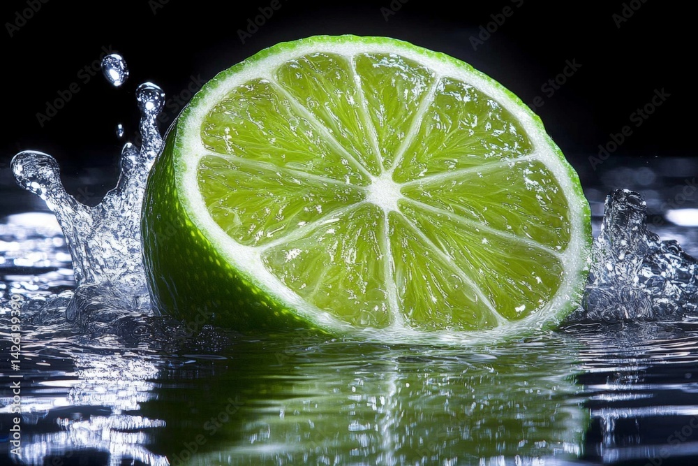 Aufkleber Fresh lime slice splashing in water creates dynamic visual effect in a dark setting