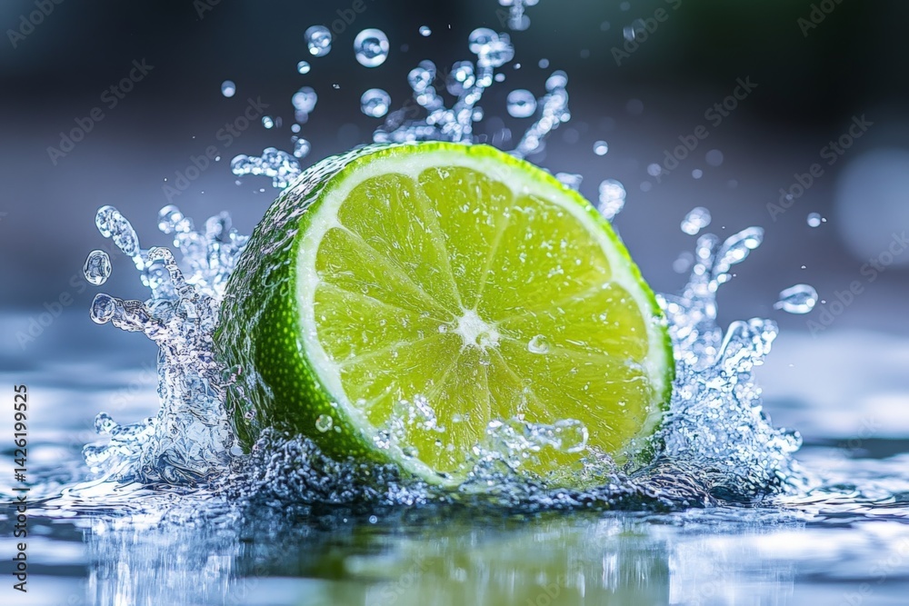 Poster Fresh lime splashes into water creating a vibrant display of droplets and color during bright daylight