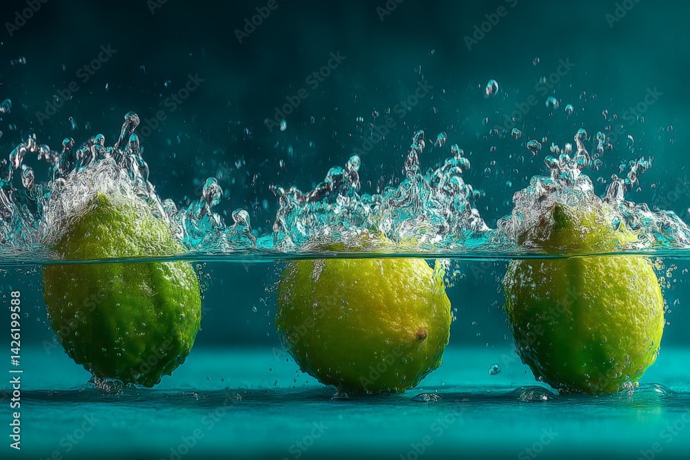 Poster fresh limes creating splashes in clear water against a vibrant background