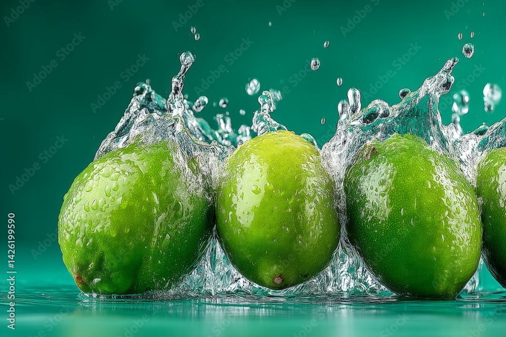 Poster fresh limes splash into water creating bubbles and droplets against a vibrant green background