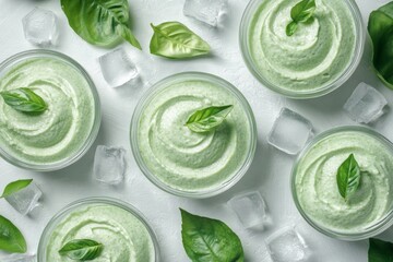 Obraz premium Delicious green herbal mousse served with fresh basil on a white background