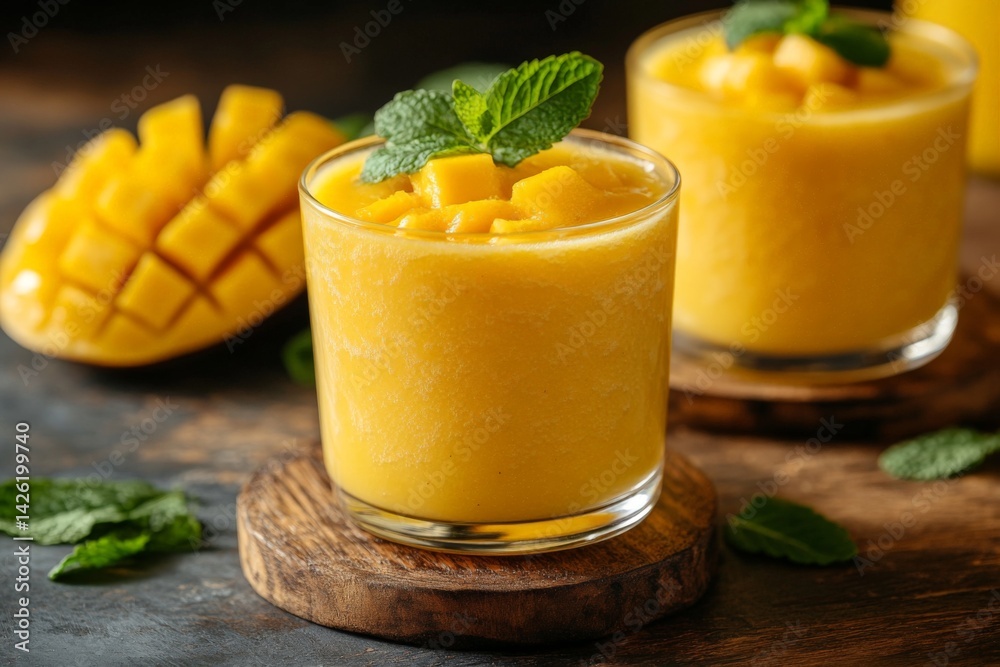 Poster refreshing mango smoothie served in glasses with fresh mint and diced mango on a wooden surface