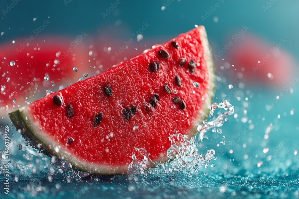 Poster Watermelon slice splashing in water creating droplets on a vibrant blue background