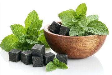 Fresh mint leaves with black sugar cubes arranged in a wooden bowl on a light background