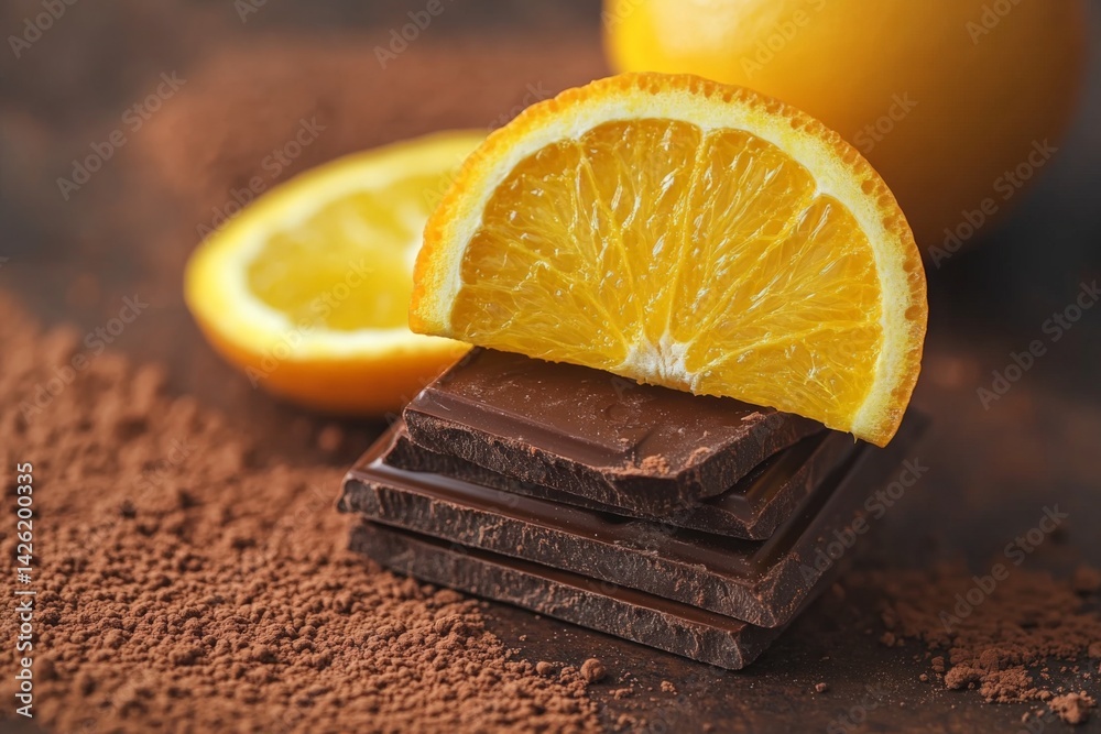 Aufkleber Chocolate and orange combination with cocoa powder on a wooden background creating a delightful sweet treat