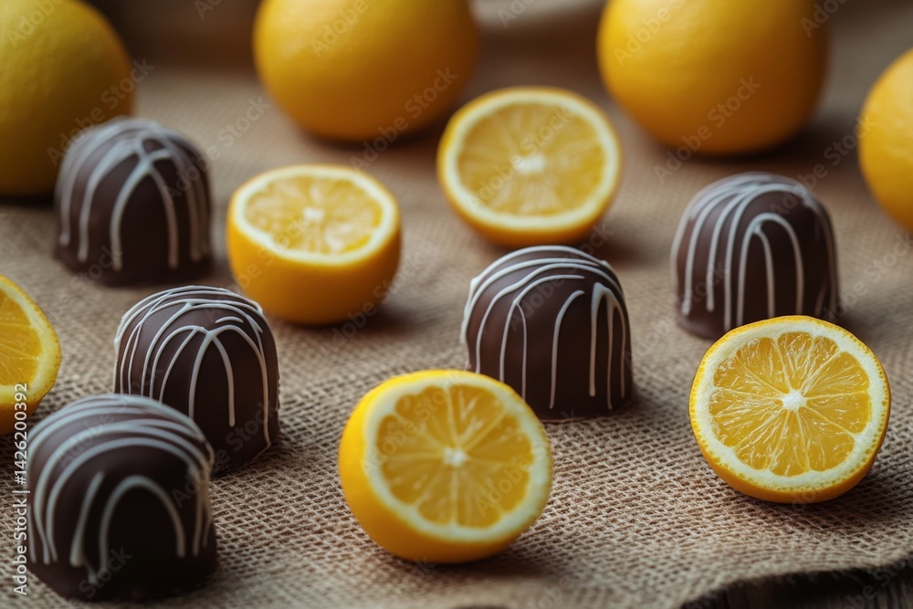 Poster Delightful chocolate and lemon treats displayed on a rustic burlap cloth in a warm, inviting setting