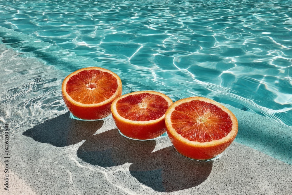 Poster refreshing oranges placed by a sparkling pool under bright sunlight during a summer afternoon