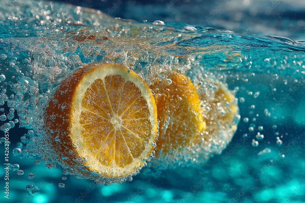 Aufkleber fresh lemon slices create bubbles while submerged in clear water, showcasing vibrant colors and text