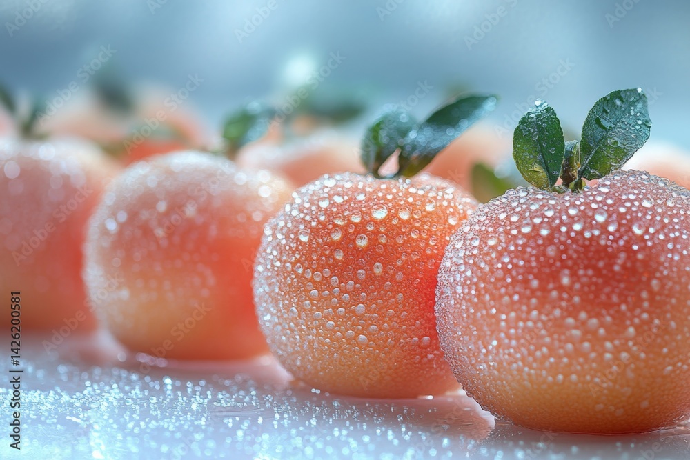 Poster freshly washed oranges glistening with water droplets in a close-up display on a reflective surface